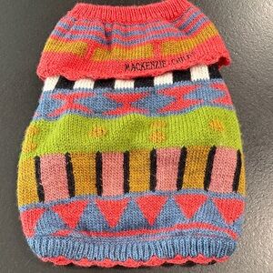 MacKenzie-Childs Coral, Blue, Lime & Mustard Patterned Knit Dog Sweater